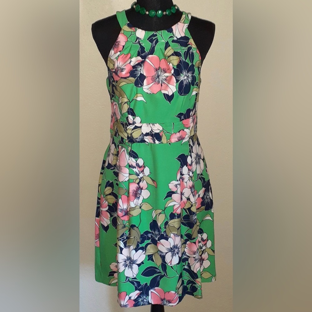 CB 1962 green floral halter top summer dress size 8 lined with pockets
